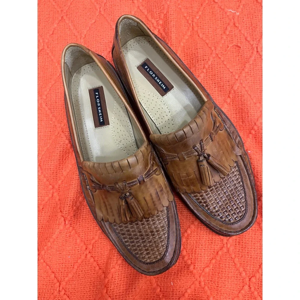 Florsheim Tassel Kiltie Loafers Mens 12 EEE Leather Woven Slip On Dress‎ Shoes